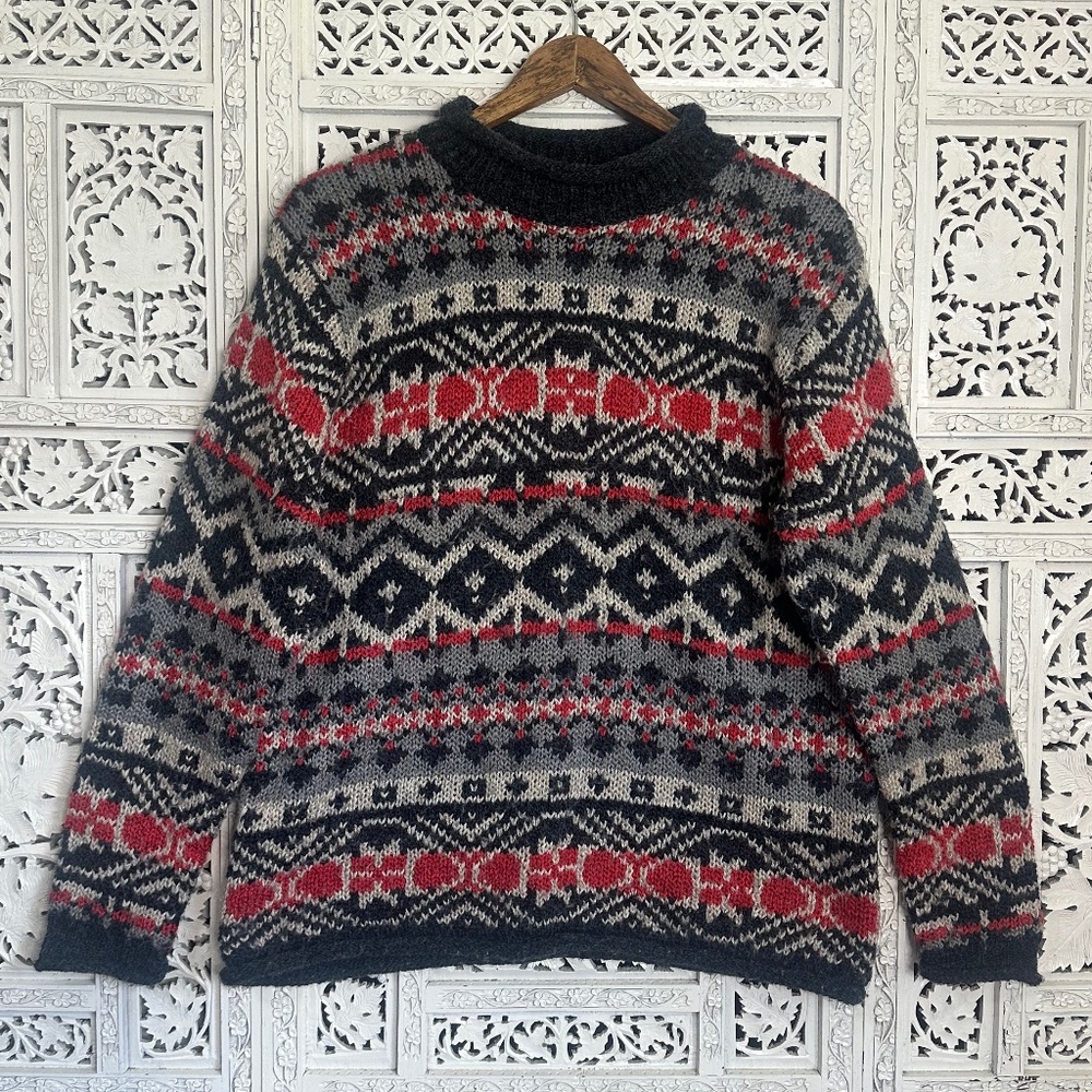 Vintage Claudia D Wool Blend Fair‎ Isle Nordic Chunky Grandpa Sweater Sz Medium